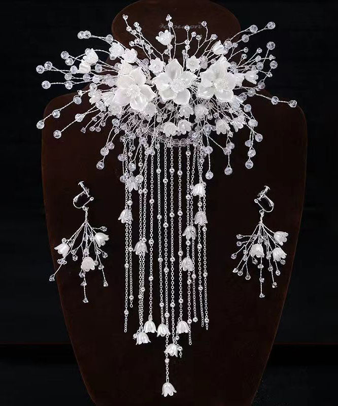 White Plastics Patchwork Silk Inlaid Tassel Hairpin