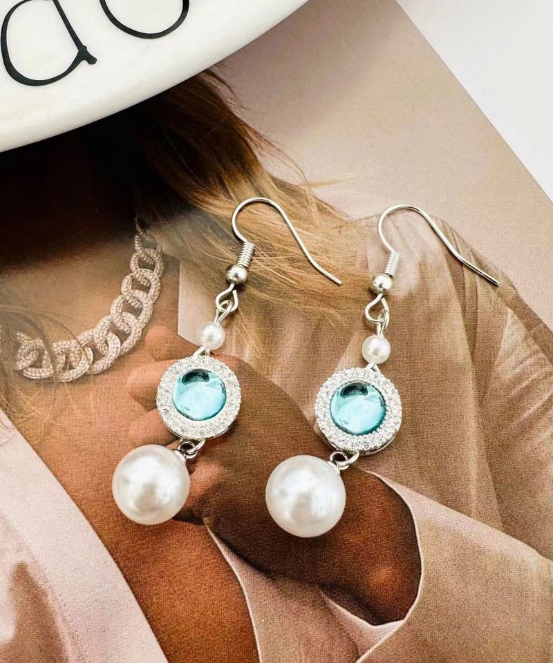 Blue Copper Overgild Inlaid Zircon Crystal Pearl Tassel Drop Earrings