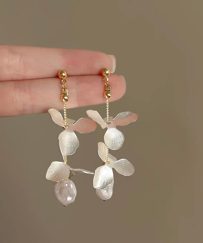 White Stelring Silver Overgild Pealr Iris Drop Earrings