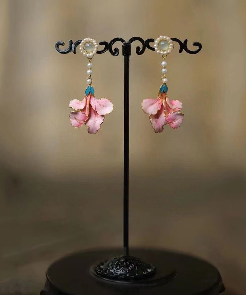 Rainbow Alloy Pearl Peony Enameling Tassel Drop Earrings