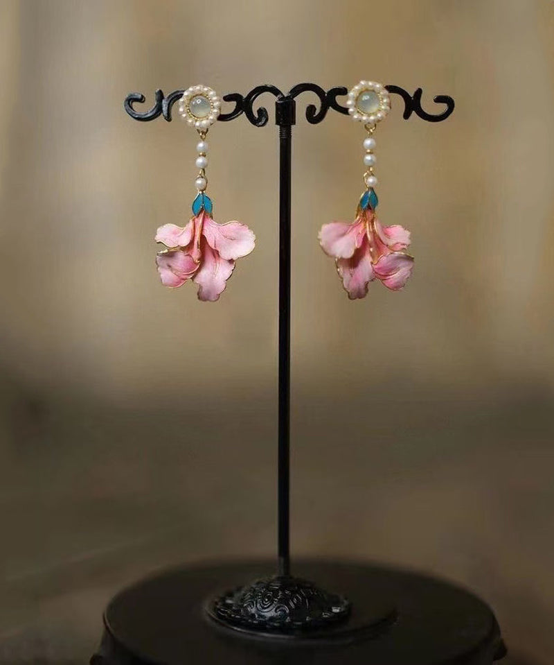 Rainbow Alloy Pearl Peony Enameling Tassel Drop Earrings