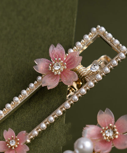 Pink Alloy Zircon Pearl Resin Begonia Flower Hairpin Two-piece Set