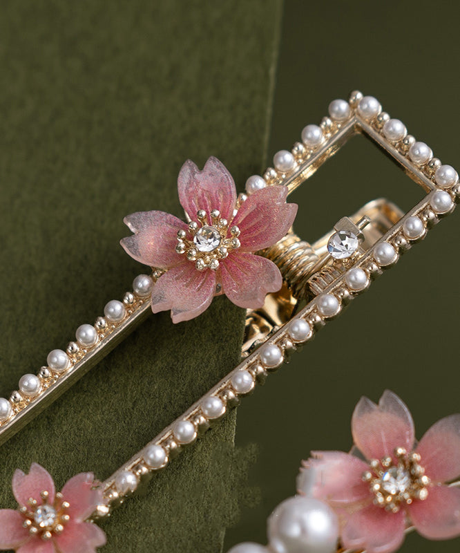 Pink Alloy Zircon Pearl Resin Begonia Flower Hairpin Two-piece Set