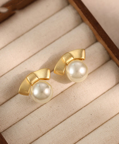Gold Alloy Pearl Bow Stud Earrings