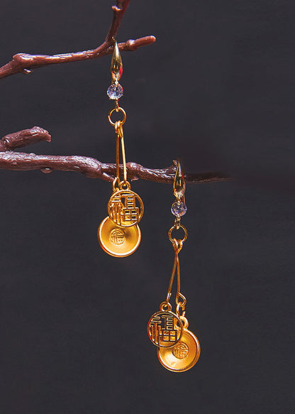 Handmade Golden Bowl and Fu Character 14k Gold Drop Earrings