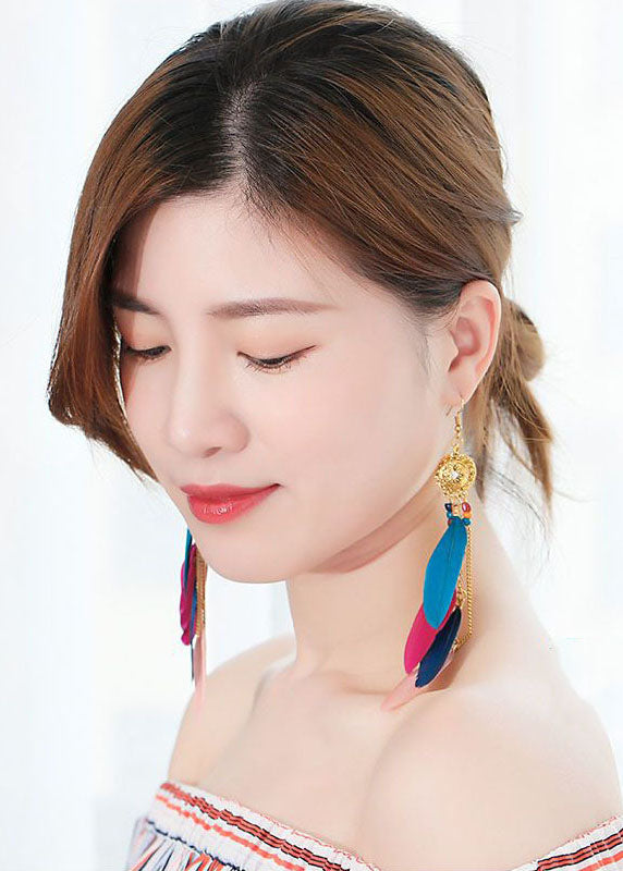 Multicolour Feather Tassel Metal Drop Earrings