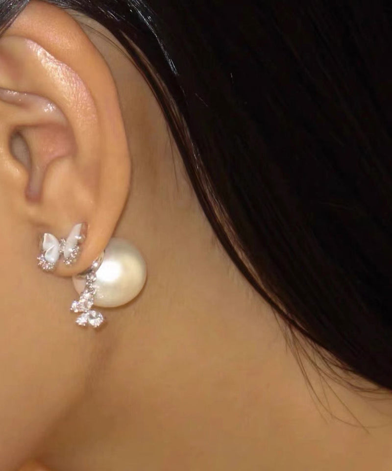 Vogue White Copper Butterfly Zircon Tassel Stud Earrings