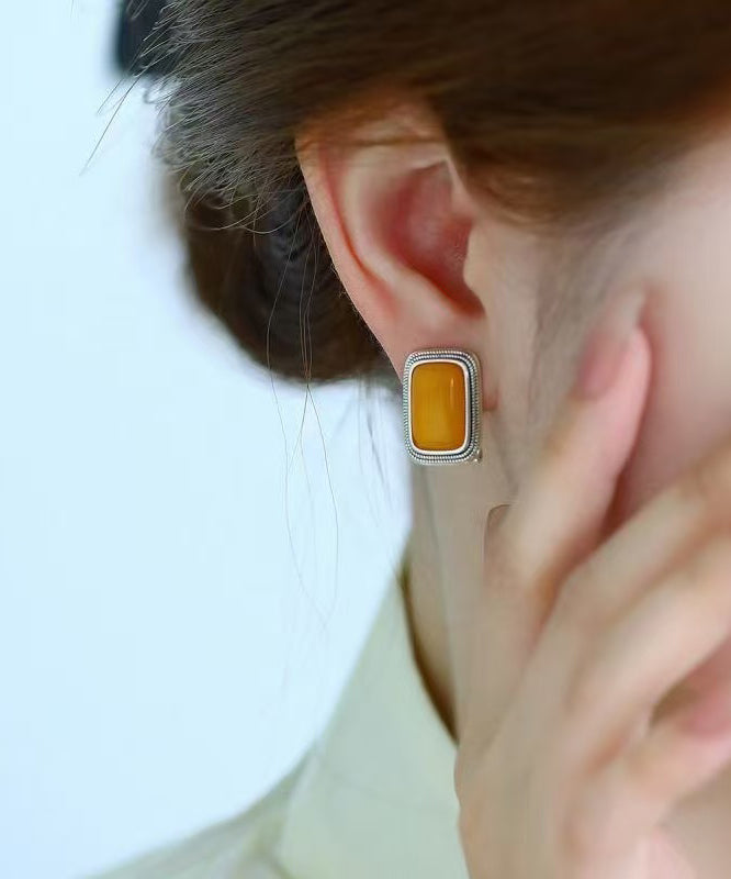 Yellow Alloy Square Beeswax Stud Earrings