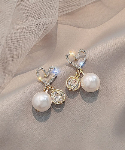 Gold Sterling Silver Alloy Zircon Love Pearl Drop Earrings