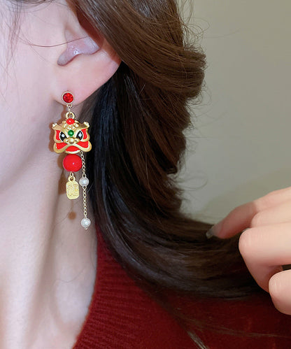 New Red Alloy Zircon Pearl Lion Dance Blessing Bag Tassel Drop Earrings