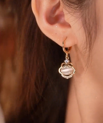 Gold Sterling Silver Overgild Cat's Eye Stone Drop Earrings