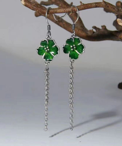 Green Tassel Patchwork Silver Drop Earrings