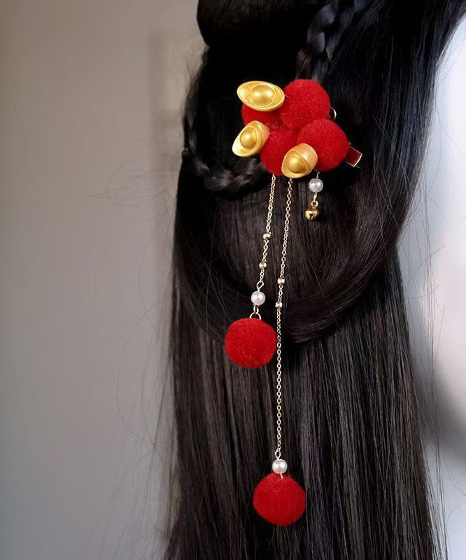 Chinese Style Red Alloy Fuzzy Ball Decorated Gold Bullion Tassel a Pair Hairpin