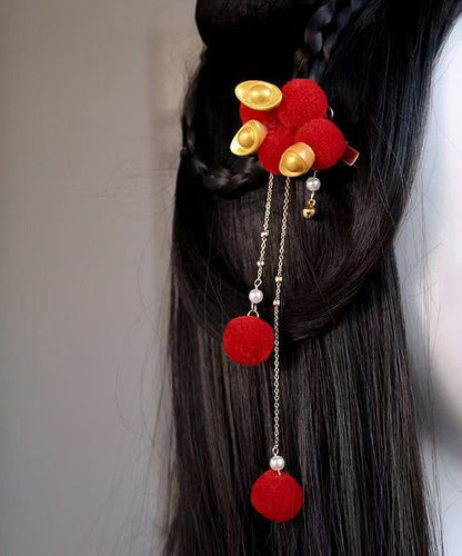 Chinese Style Red Alloy Fuzzy Ball Decorated Gold Bullion Tassel a Pair Hairpin