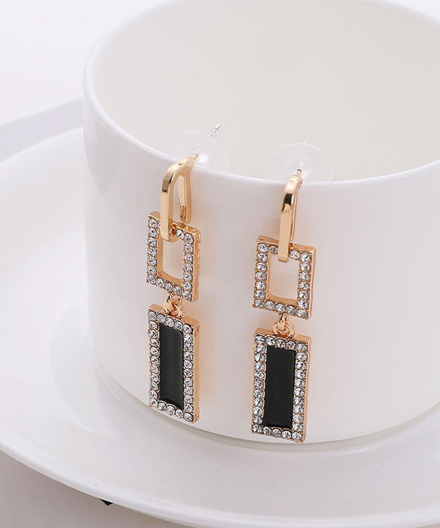 Gold Sterling Silver Zircon Hollow Out Rectangle Tassel Drop Earrings