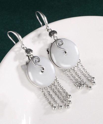 Silk Sterling Silver Inlaid Jade Tassel Drop Earrings