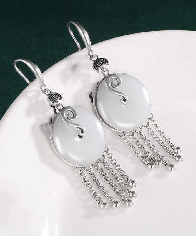 Silk Sterling Silver Inlaid Jade Tassel Drop Earrings