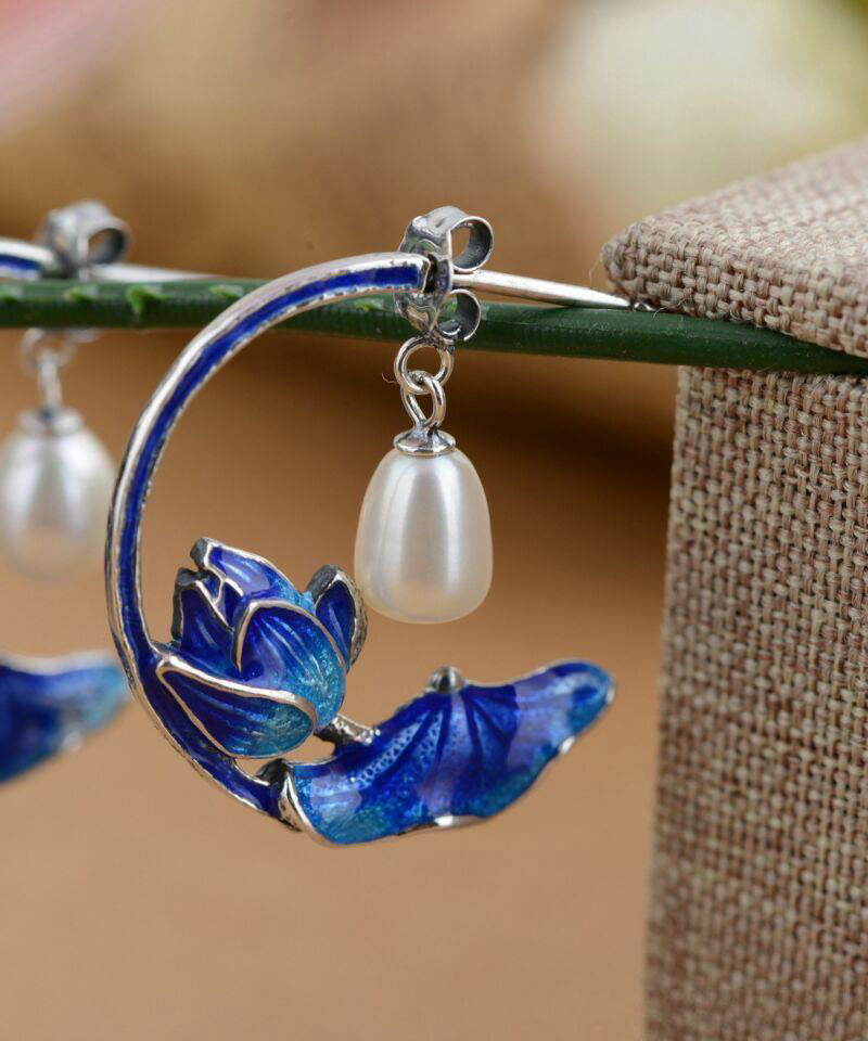 Blue Sterling Silver Cloisonne Inlaid Pearl Lotus Hoop Earrings