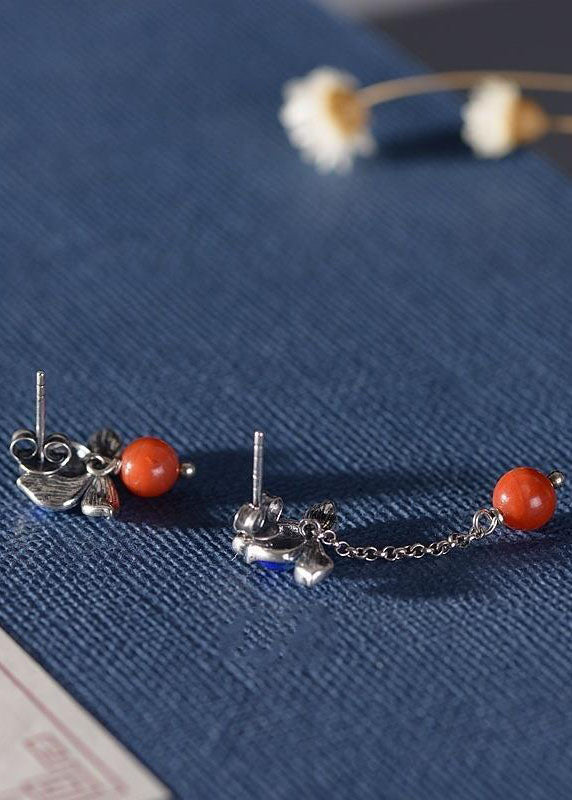 Cloisonne Lotus Tassel Agate Asymmetrical Design Drop Earrings