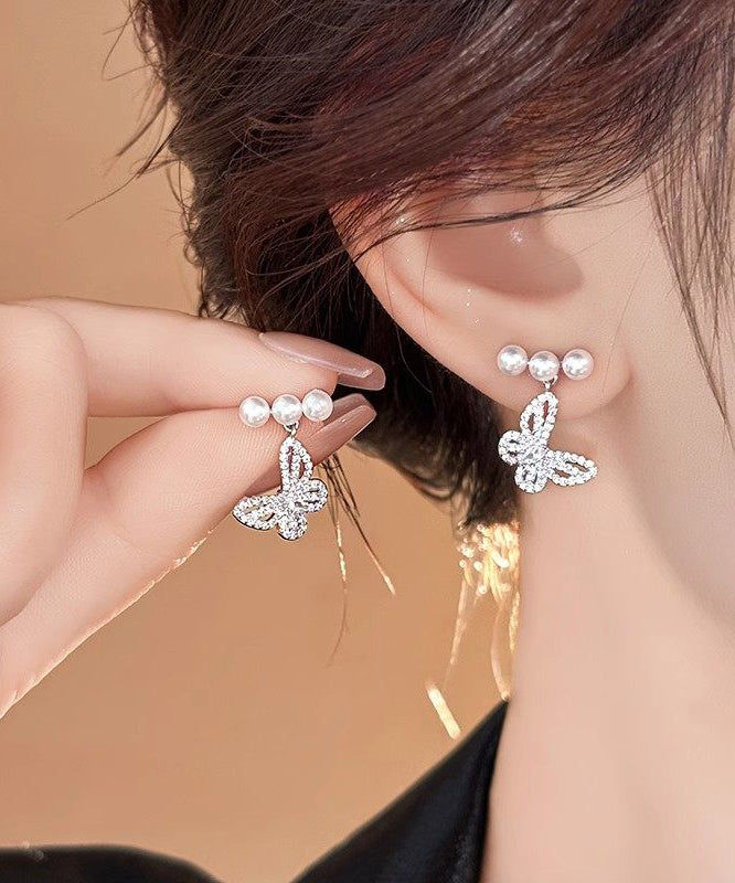 Fine Silk Copper Alloy Zircon Butterfly Pearl Drop Earrings
