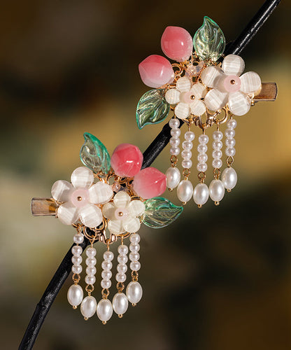 Fine White Alloy Pearl Resin Peach Tassel a Pair Hairpin
