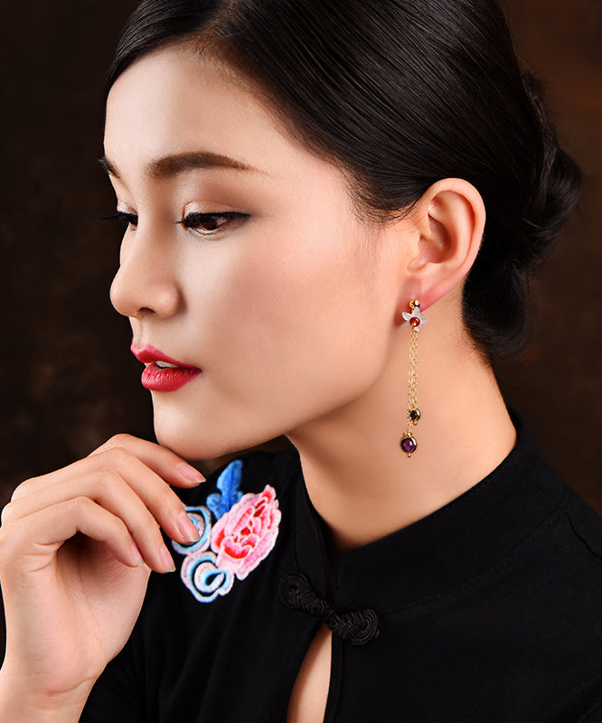 Stylish Purple Crystal Shell Tassel Drop Earrings
