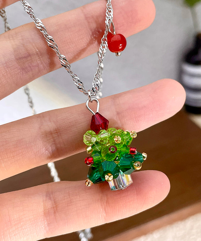 Green Stainless Steel Crystal Christmas Tree Pendant Necklace