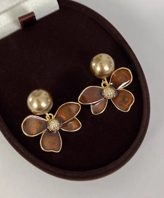 Coffee Copper Overgild Pearl Stud Earrings