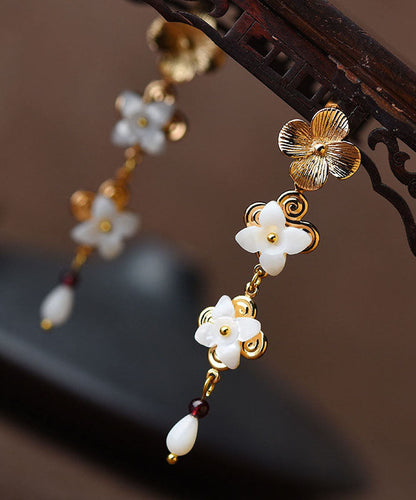 White Shell Flower 14k Gold Drop Earrings