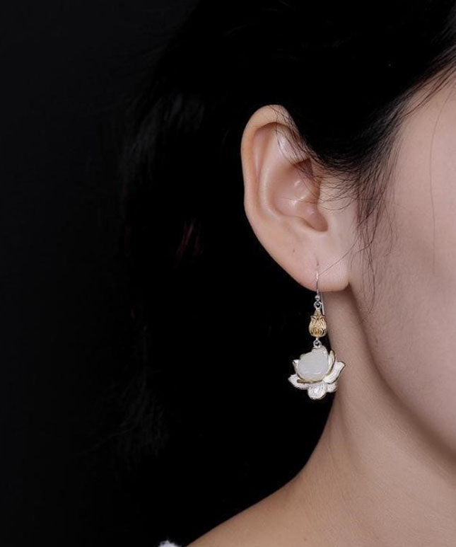 White Sterling Silver Jade Lotus Drop Earrings