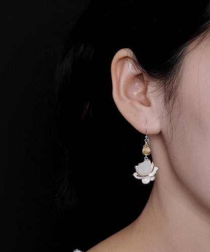White Sterling Silver Jade Lotus Drop Earrings