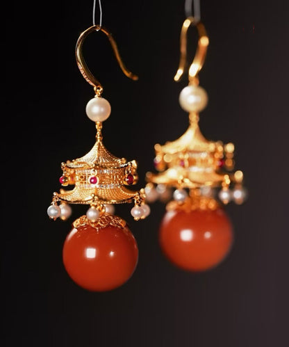 Red Sterling Silver Overgild Agate Pearl Pavilion Drop Earrings