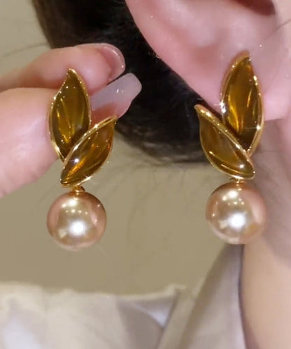 Coffee Sterling Silver Alloy Pearl Leaf Stud Earrings