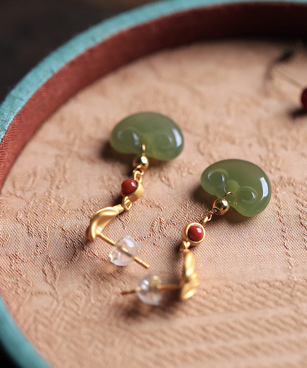Gold Silver Inlaid Jade Agate Drop Earrings