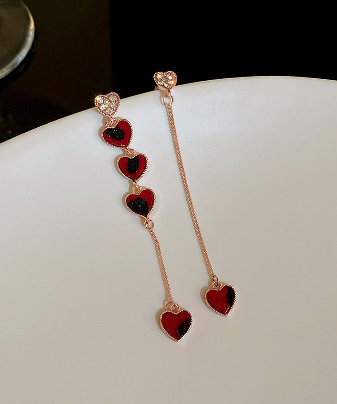Diy Red Sterling Silver Alloy Zircon Asymmetrical Love Tassel Drop Earrings