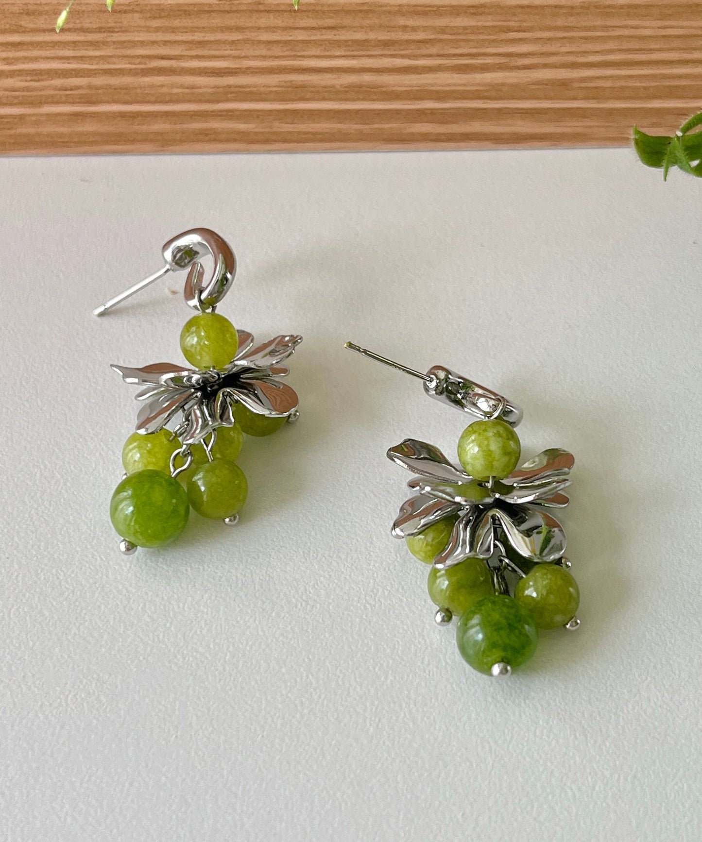 Green Copper Overgild Gem Stone Grape Drop Earrings