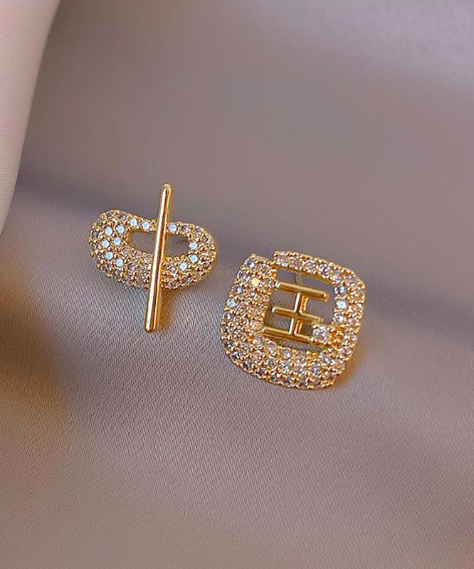 Art Gold 14k Gold Zircon Asymmetric Chinese Characters Stud Earrings