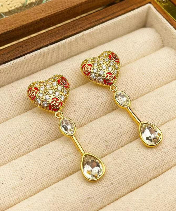 Gold Copper Overgild Zircon Glass Love Tassel Drop Earrings