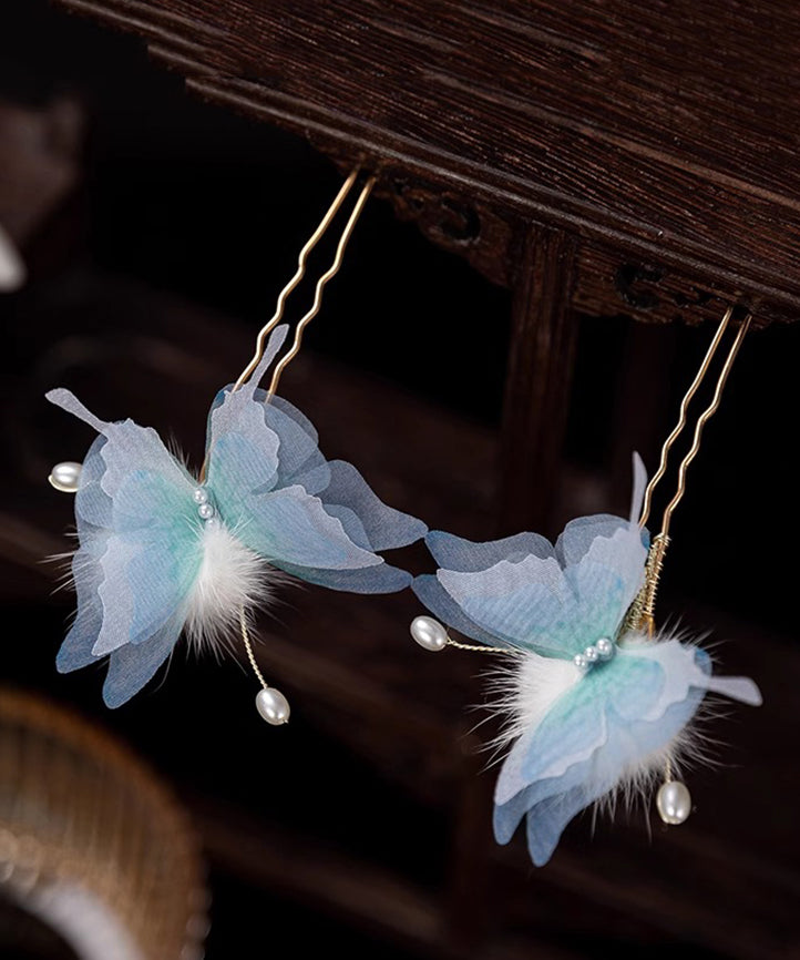 Retro Blue Copper Alloy Pearl Butterfly Fuzzy Ball a Pair Hairpin