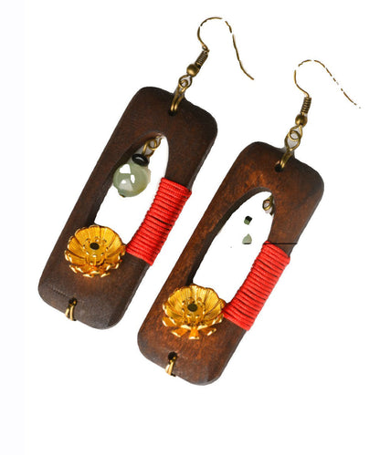 Retro Dark Brown Copper Jade Rectangular Wooden Block Drop Earrings
