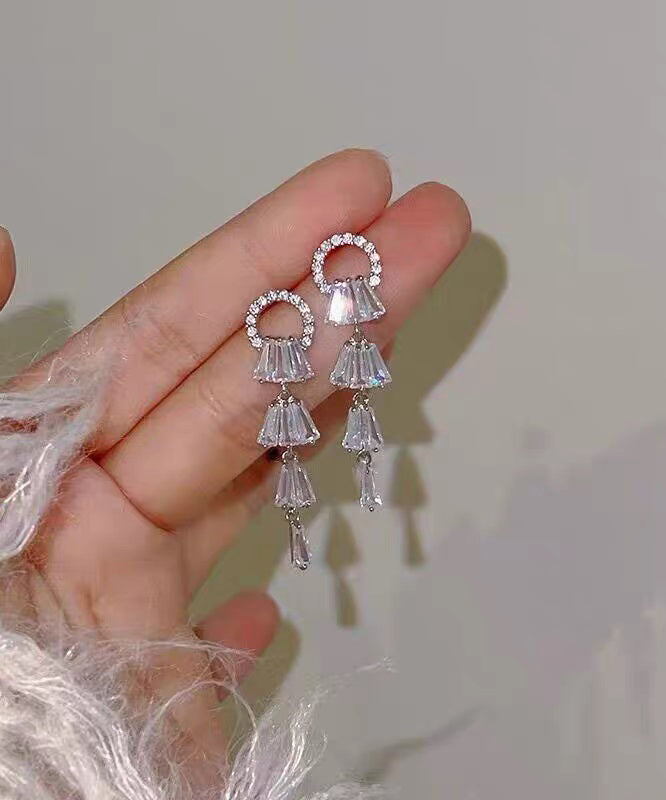 White Alloy Zircon Tassel Drop Earrings