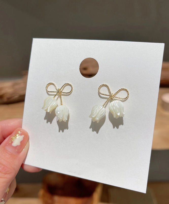 White Sterling Silver Alloy Bow Shell Stud Earrings