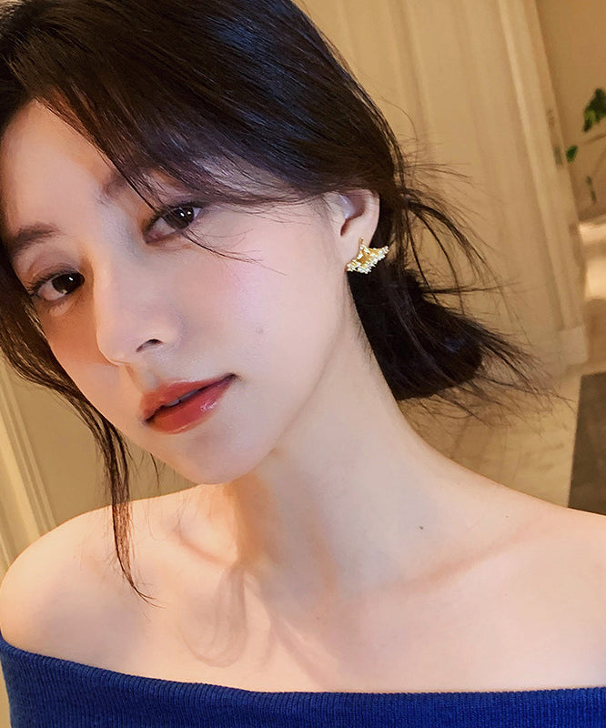Modern Gold Copper Overgild Zircon Ginkgo Leaf Stud Earrings