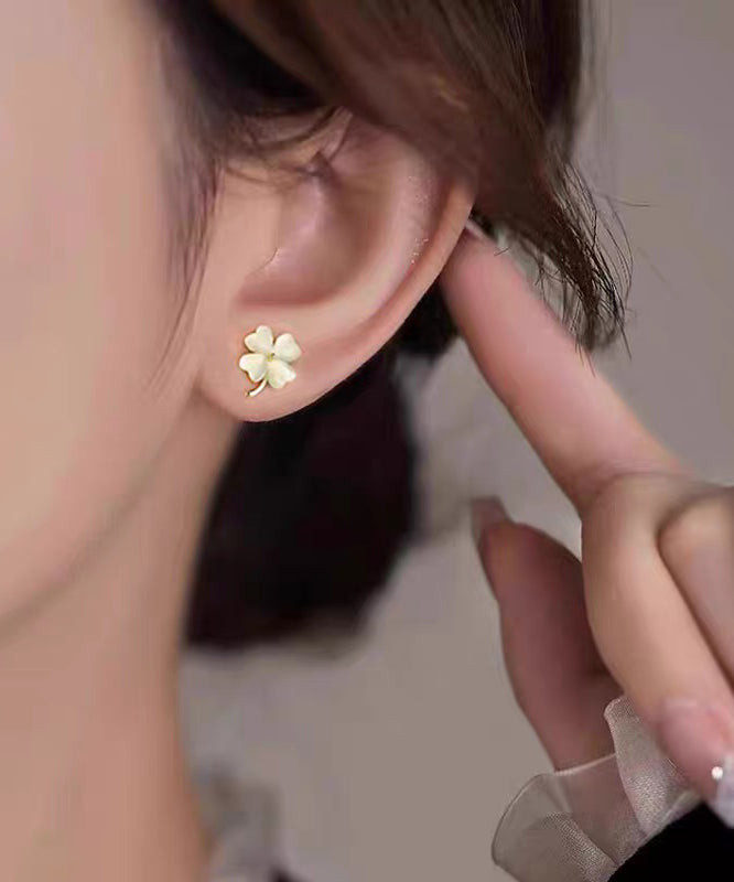 Apricot Alloy Cat's Eye Stone Four-leaf Clover Stud Earrings