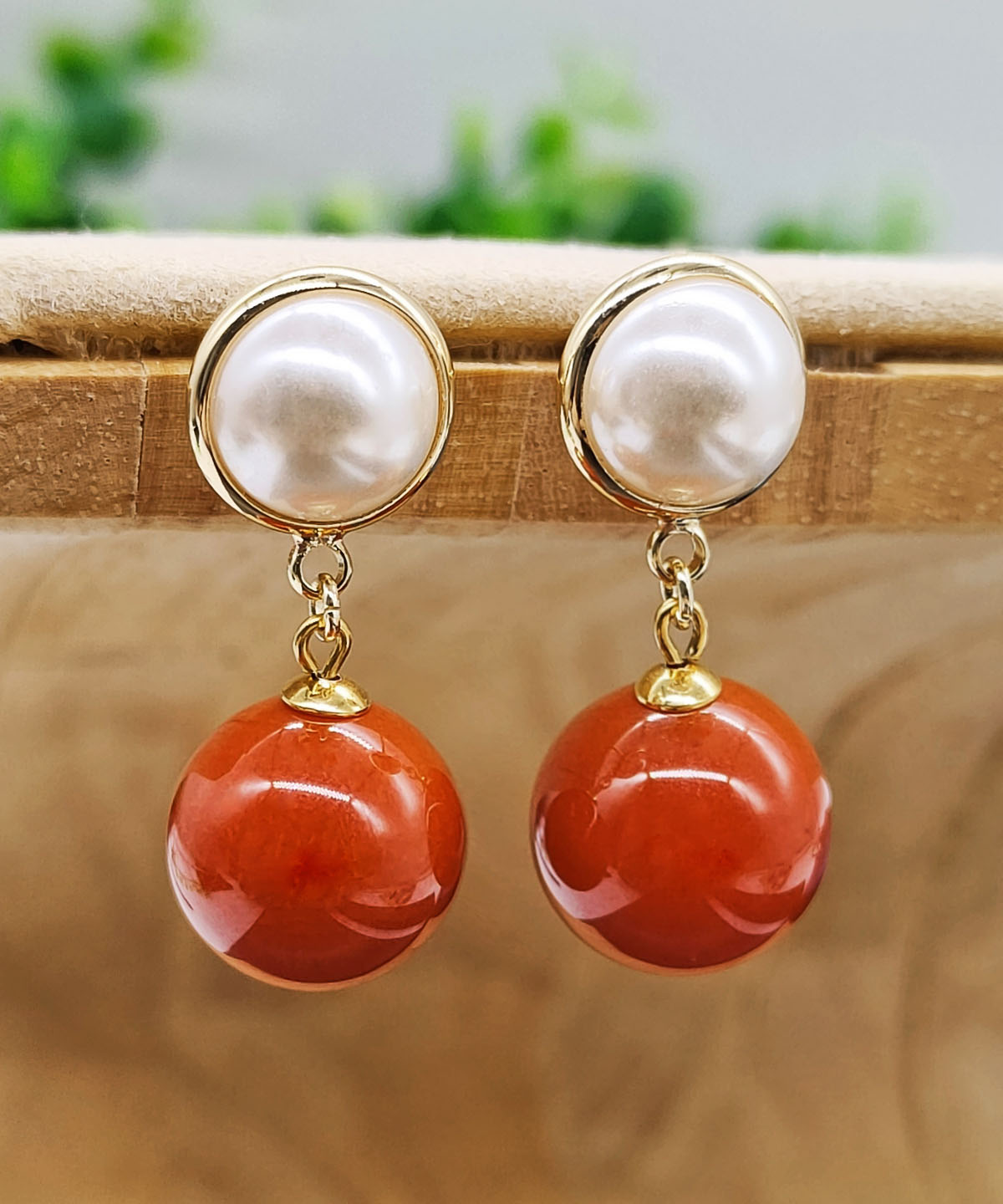 Modern Red Sterling Silver Overgild Inlaid Gem Stone Pearl Drop Earrings