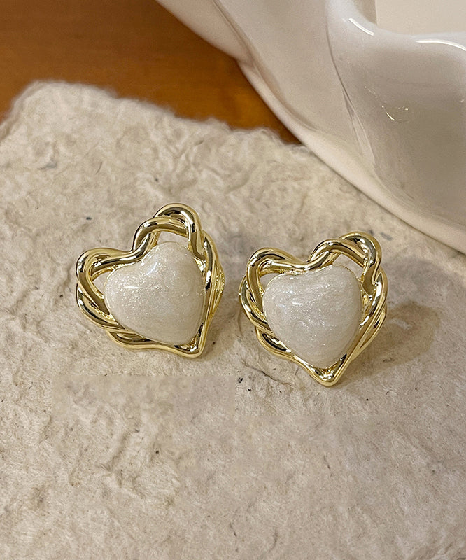 White Copper Overgild Drip Glaze Love Stud Earrings