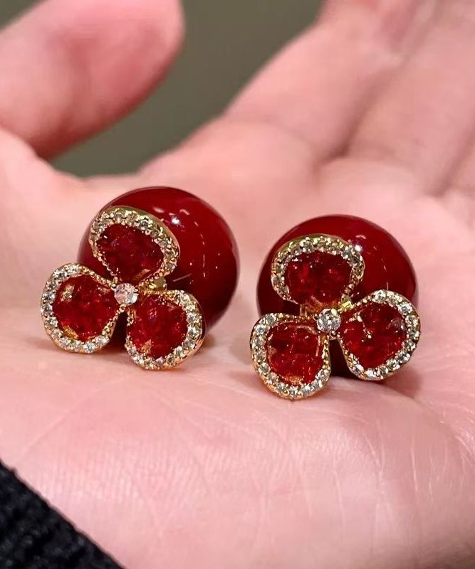 Stylish Red Copper Overgild Zircon Stud Earrings
