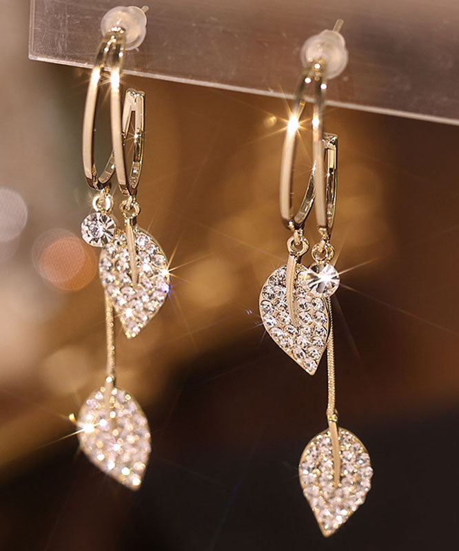 Gold Sterling Silver Zircon Leaf Drop Earrings