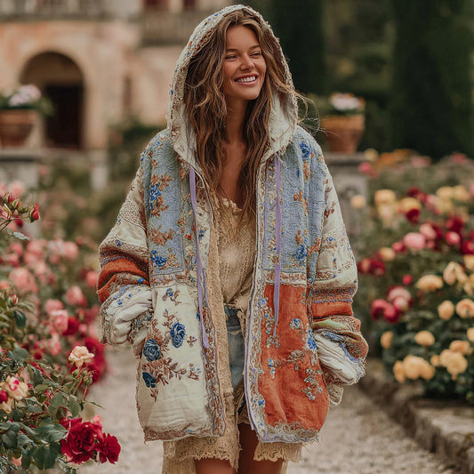 Comstylish Women's Vintage Floral Color Block Warm Zip Hoodie Cardigan