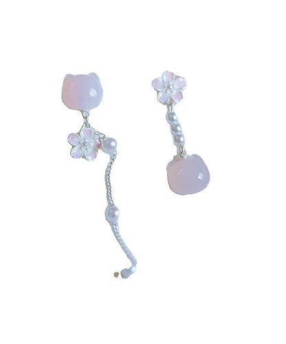 Brief Pink Sterling Silver Asymmetry Pearl Cats Tassel Drop Earrings
